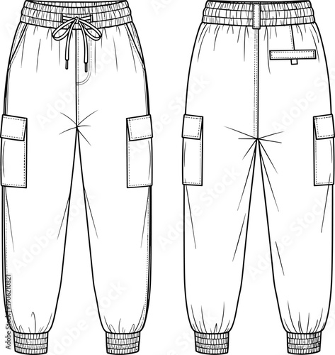 Cargo jogger pants technical flat sketch showing front and back views, elastic waistband with drawstring, utility pockets, casual streetwear apparel design illustration