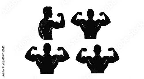 Collection of four strong male bodybuilder silhouette icons showcasing various flexing poses effectively