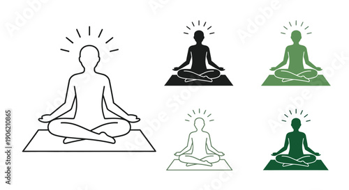 Collection of five different style icons representing a person meditating in the lotus position successfully