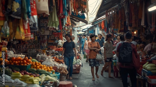 Crowded Asian Street Market with People Shopping for Fresh Produce