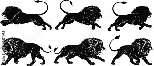 Collection of six aggressive male lion silhouettes in dynamic running and roaring poses, showcasing strength, courage, royalty, power, and African safari wildlife themes for various branding designs.