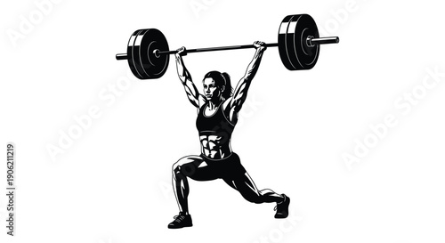 Strong female athlete achieving a split jerk overhead barbell lift illustration in black and white style