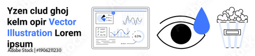 Data analysis, emotions, entertainment, technology, visuals, symbols. A data dashboard, an eye with a water drop and popcorn illustration. Data analytics and emotions concept