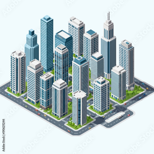 Isometric cityscape with modern skyscrapers and urban infrastructure.