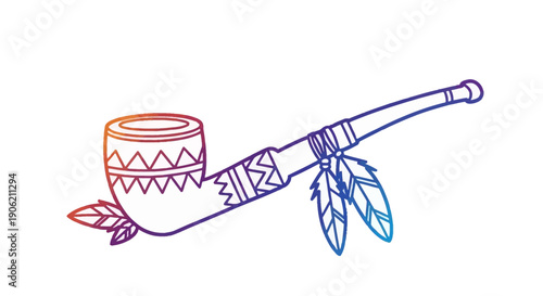 Native American Peace Pipe Illustration with Gradient Colors and Traditional Feather Accents