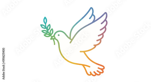 Rainbow gradient outline of a flying peace dove holding an olive branch symbolizing harmony and hope