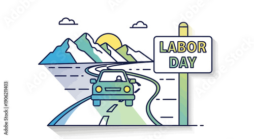 A vibrant vector illustration for Labor Day, featuring a car traveling through scenic mountain