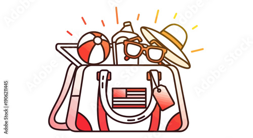 Vibrant illustration of a summer vacation travel bag packed with beach essentials ready for an