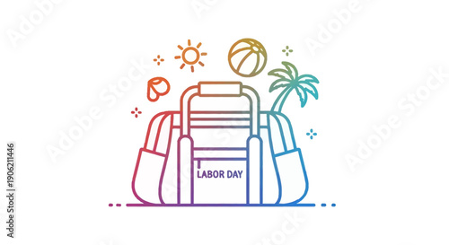 Labor Day travel bag illustration with summer icons holiday weekend getaway graphic design