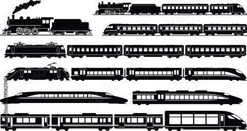 Collection of train silhouettes, railway locomotive vector illustration set, steam and electric passenger trains, modern high speed rail icons, black transport designs