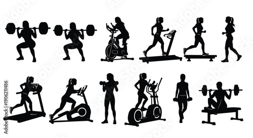 Collection of female silhouettes performing various strength and cardiovascular exercises in a gym setting