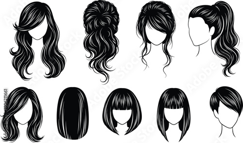 Collection of trendy female hairstyle vector silhouettes, modern women haircuts and salon styling designs for beauty, fashion, hairdresser inspiration, editable illustration set for branding