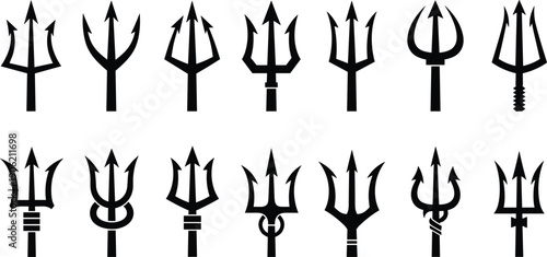 Collection of trident silhouettes, black vector illustration set, mythological spear icons, Poseidon weapon symbols, minimal flat design for logos, emblems, tattoos