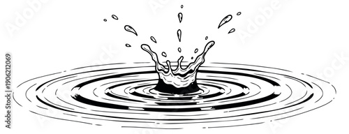Hand drawn illustration of a water splash depicting a drop impacting a liquid surface for natural and scientific designs