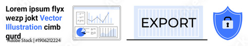 Charts with graphs and pie chart, EXPORT box for trade or data sharing, shield icon for cybersecurity. Ideal for business, trade, security, analytics, data flow, logistics simple landing page