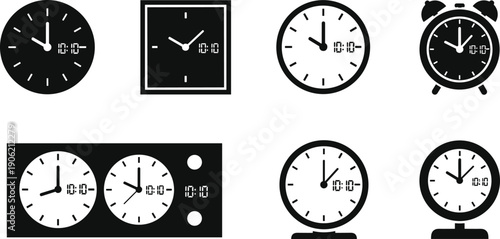 Black and White Clock Icon Set Featuring Alarm Clocks Wall Clocks and Analog Watches Isolated on White Background for Time Management