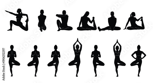Collection of diverse yoga poses silhouettes showing various stretching and balance exercises