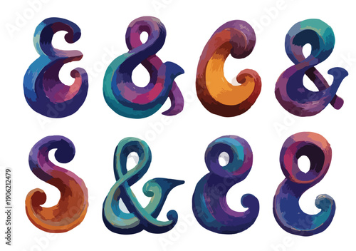 カラフルでアーティスティックなアンパサンドの記号セット。透明感のある水彩画のようなタッチと鮮やかな色彩が特徴的な、立体的でデザイン性の高いタイポグラフィのイラスト素材です。白背景に映える青や紫、オレンジのグラデーションがクリエイティブな印象を与えます。