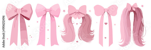 透明な背景に映えるピンクのリボンとヘアスタイルのイラストセット。コケットな雰囲気やフェミニンな装飾に最適な、ハートのモチーフが散りばめられたガーリーでパステルカラーの美しいベクターデザイン素材です。