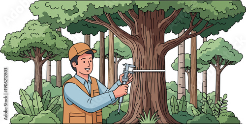 Flat 2D vector, Forest Ranger Monitoring Trees Isolated on Transparent Background