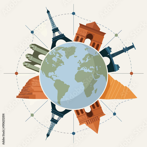 Globe Surrounded by Landmarks and Pyramids in a Circular Pattern, Eiffel Tower