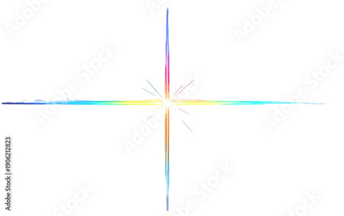 白背景に映える鮮やかな虹色の光の輝きを表現した十字型のレンズフレア素材で、透明感のあるグラデーションが美しくデザインや合成用エフェクトとして多目的に活用できる高品質なデジタルイラストレーションのグラフィックリソースです。