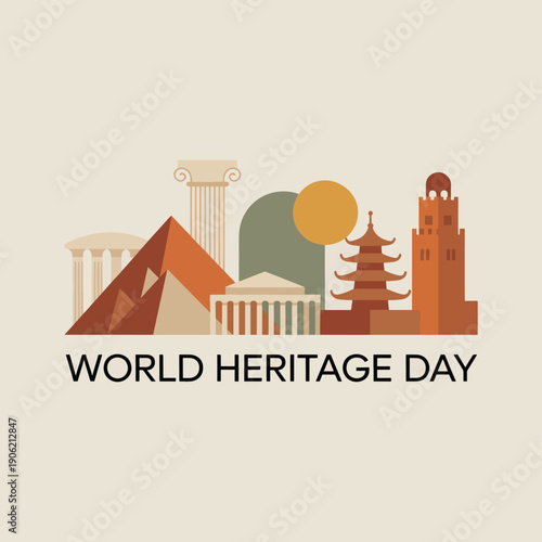 Heritage Day with landmarks and text heritage sites, pyramids, and pagodas
