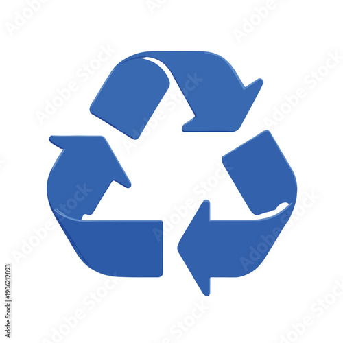 白背景に孤立した青いリサイクルマークのイラストレーションで、環境保護や資源の再利用、サステナビリティを象徴するエコフレンドリーなデザイン素材として、ウェブサイトやパンフレットのグラフィックに最適な透明感のあるアイコン。