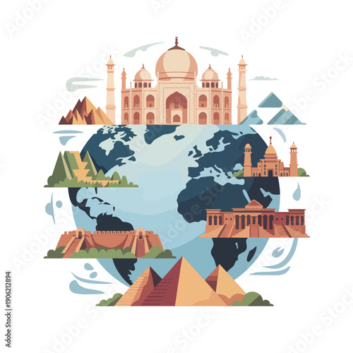 Taj Mahal and landmarks on a stylized globe travel architecture