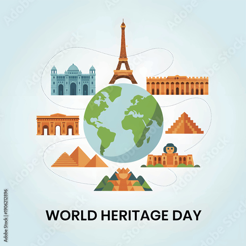 Heritage Day with the globe and famous landmarks Eiffel Tower, and the pyramids