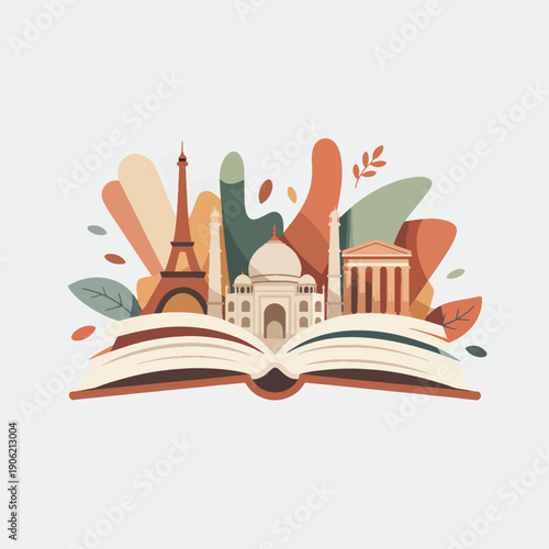 Open book with colorful landmarks and leaves the Eiffel Tower, Taj Mahal, and Parthenon