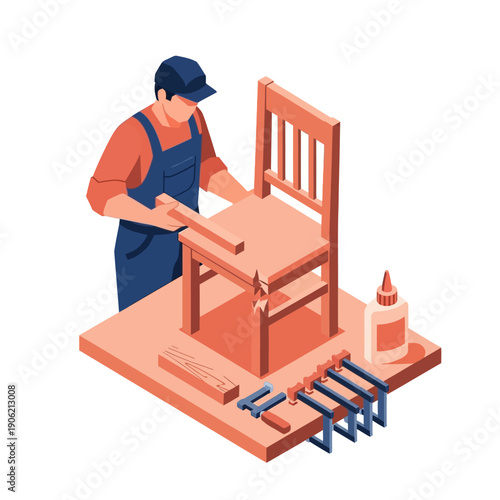 Carpenter working on wooden chair with tools.