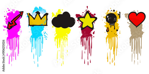カラフルなペンキの飛沫と滴りが背景に描かれた、稲妻、王冠、雲、星、髑髏、ハートのアイコンセット。ストリートアートやグラフィティの要素を取り入れたポップでクリエイティブなデザイン素材は、透明背景に対応しており様々なプロジェクトに最適です。