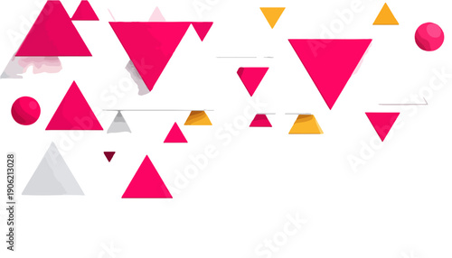 白い背景に鮮やかなピンクやオレンジの三角形と円形がランダムに配置された、透明感のあるモダンで抽象的な幾何学模様のグラフィックデザイン素材です。重なり合う図形が奥行きと浮遊感を演出し、ビジネスやプレゼンテーションの背景、ウェブサイトのヘッダーデザインに最適です。