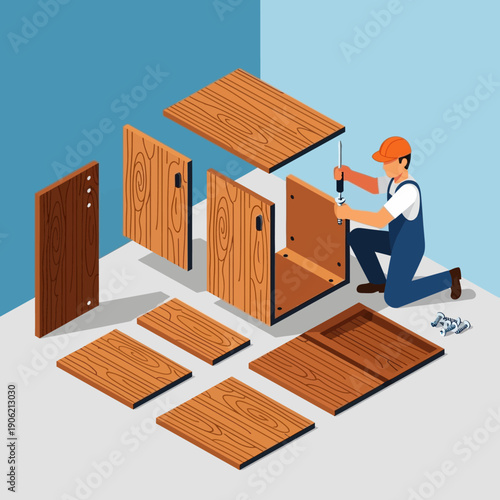 Carpenter Assembling Wooden Furniture Parts with Power Tool.