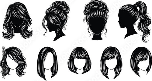 Collection of female hairstyle vector silhouettes, trendy women haircuts and fashion hair designs for beauty salon branding, illustration set for styling and hairdressing concepts