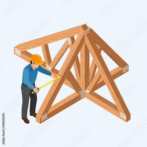Construction worker measuring wooden truss structure.