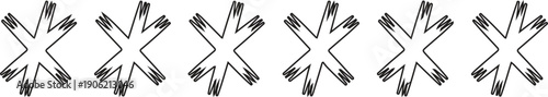 A simple black and white image showing six tally marks arranged in a horizontal line against a white background.