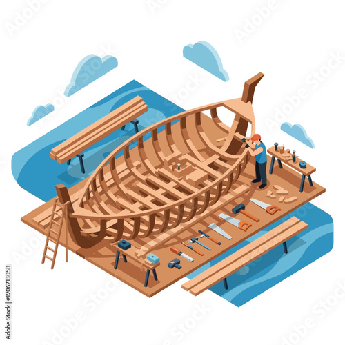 Isometric illustration of a wooden ship under construction on a dock.