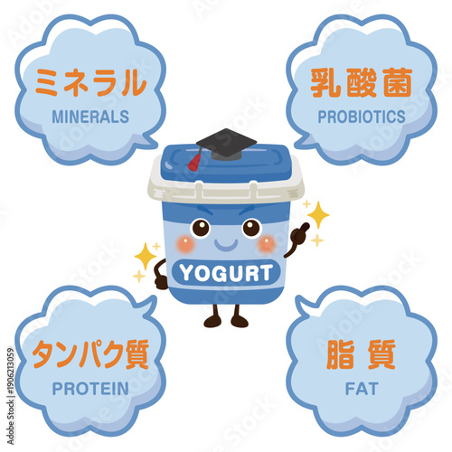 ヨーグルトのキャラクターとヨーグルトに含まれる成分イラスト／Cute Yogurt Character Illustration with Nutrients