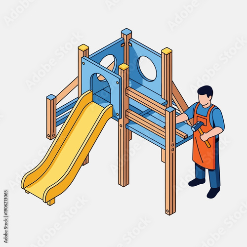 Maintenance worker inspecting a children's playground structure.