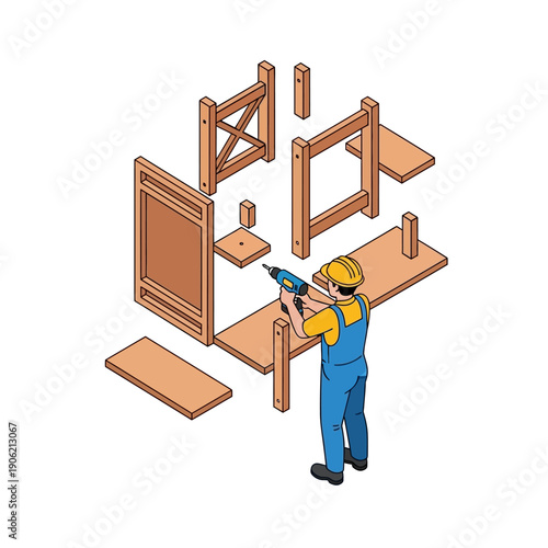 Carpenter constructing wooden frame with power drill.