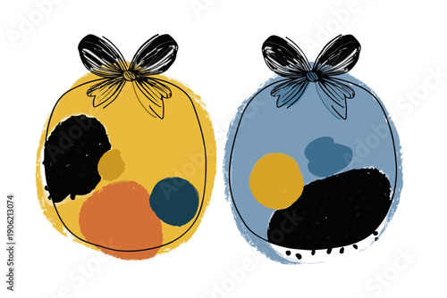 透明な背景に描かれた、北欧スタイルのリボン付き抽象的な卵型イラストレーション。黄色と青のカラーバリエーションがあり、手書き風のブラシストロークとモダンなドット模様が特徴的な、おしゃれでミニマルなデザイン素材。