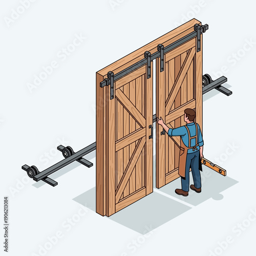 Man installing large wooden sliding barn doors on metal track.