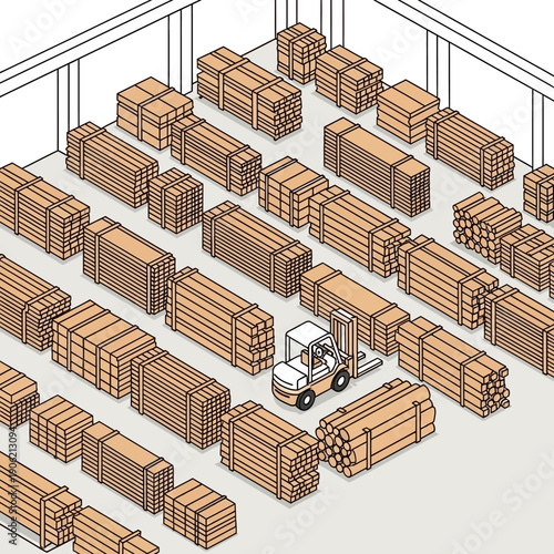 Warehouse Storage Facility with Wooden Planks and Forklift.