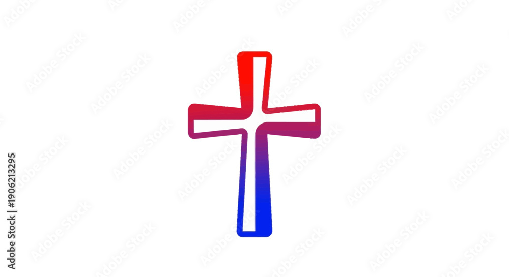 Fototapeta premium Vibrant red and blue gradient Christian cross symbol on a clean white background representing