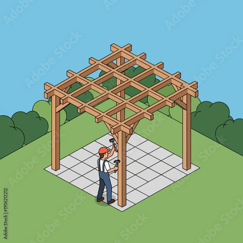 Man building a wooden pergola in a garden yard with a tiled patio.