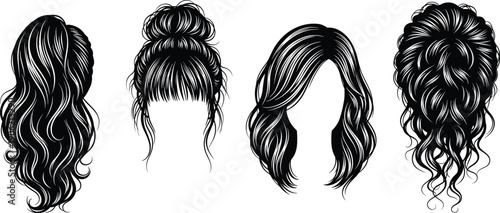 Collection of four different female hairstyles, including ponytail, messy bun, bob cut, and wavy locks, perfect for beauty salon and hair fashion vector content.
