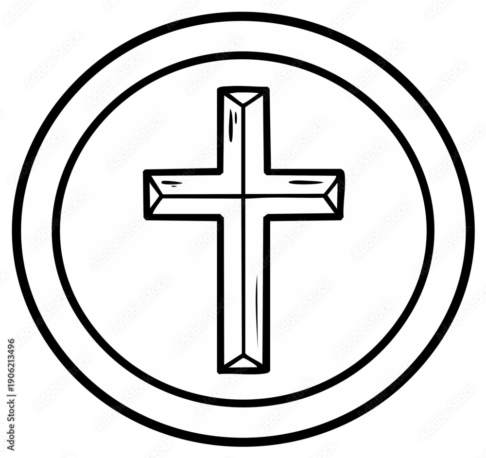 Obraz premium Simple line art illustration of a Christian cross enclosed within a double circle, symbolizing faith and spirituality.