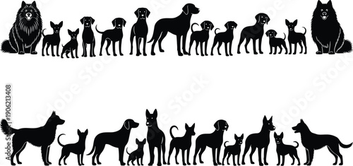 Dog breed silhouettes collection showing various sizes and poses, domestic canine profiles in black vector style, animal icon set for pet design projects